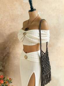 INAWLY Bộ đồ nữ phong cách nhiệt đới thường ngày gồm áo crop top trễ vai và chân váy trang trí vỏ sò kim loại, trang phục thời trang ngày lễ cho nữ, bộ đồ hai mảnh cho nữ, trang phục mùa hè hai mảnh cho nữ, bộ đồ phối hợp mùa hè cho kỳ nghỉ, màu trắng ngà. - trắng - Xem 5
