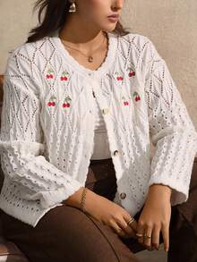 Juhart Áo len cardigan cổ tròn màu cherry trơn thường ngày cho nữ - trắng - Xem 7