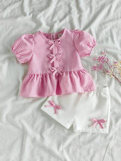 SHEIN Vintaside Kids Baby Girl Striped Bow Ruffle Short Puff Sleeve Shirt And Shorts Casual 2 Pieces Set
