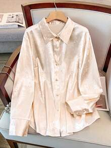 GlowEve CURVE Plus Size Women's Long Sleeve Blouse,Chinese Style Satin Shiny Finish Shirt, 3D Graphic,Elegant,Formal,Champagne,Autumn Party Commute Blouse Fall - Light Yellow - View 4