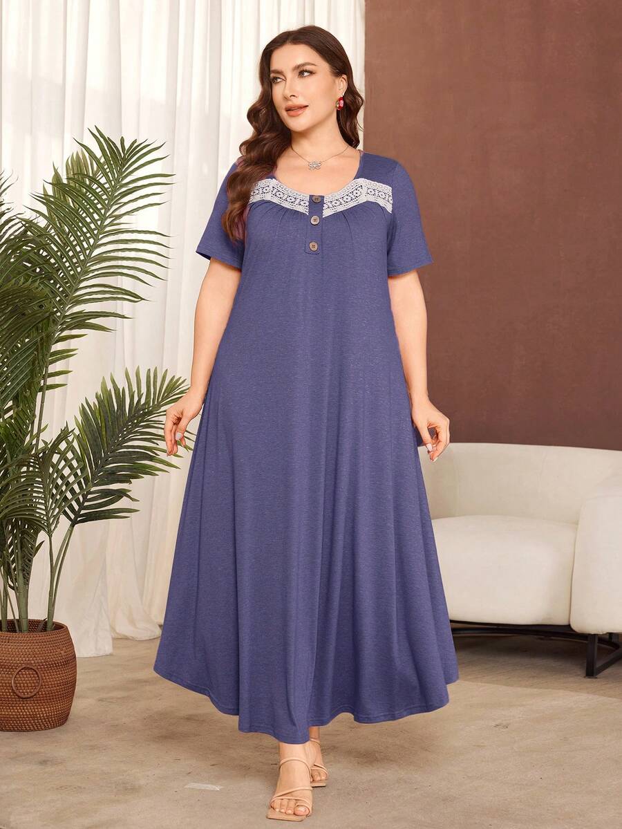 Lacomfia Plus Size Solid Color Short Sleeve Knit Casual Ruffle Hem Dress - Purple - View 1