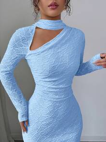 Elenzga Đầm dài dệt kim jacquard màu kem vàng phối cổ cho nữ, thích hợp dự tiệc hoặc các dịp trang trọng, mùa thu. - Màu xanh nhạt - Xem 8