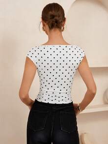 Lymera 春夏新款女装时尚休闲百搭白色底黑色波点印花柔软舒适高弹腰褶皱修身T恤 - 彩色 - 查看 2