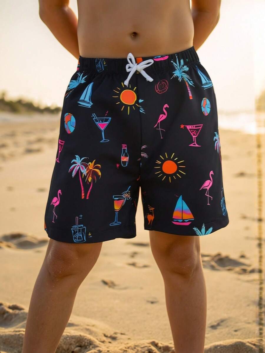 SHEIN Bubblio Bộ 1 quần short đi biển 2 trong 1 cho bé trai tuổi teen, in hình cây dừa nhiệt đới, thích hợp cho kỳ nghỉ, sinh hoạt hàng ngày, đi học, du lịch, thể thao, mùa xuân và mùa hè. Quần bơi nam màu đen, quần bơi họa tiết nhiệt đới.