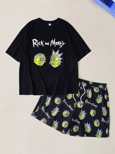 Rick and Morty X SHEIN Bộ đồ mặc nhà thoải mái dành cho nam cỡ lớn, gồm áo tay ngắn cổ tròn in chữ và quần short cạp chun có dây rút.