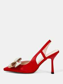 CUCCOO HITCHD Sepatu Hak Tinggi Wanita Ujung Lancip, Koleksi Terbaru Musim Semi/Panas, Dekorasi Pita Kristal & Mutiara, Satin Merah, Nyaman & Elegan, Cocok Untuk Pernikahan, Pesta, Acara Formal - Rose Red - View 2