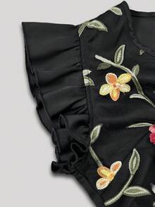 SHEIN Franclia 复古黑色花卉印花无袖收腰连衣裙 - 黑色 - 查看 5