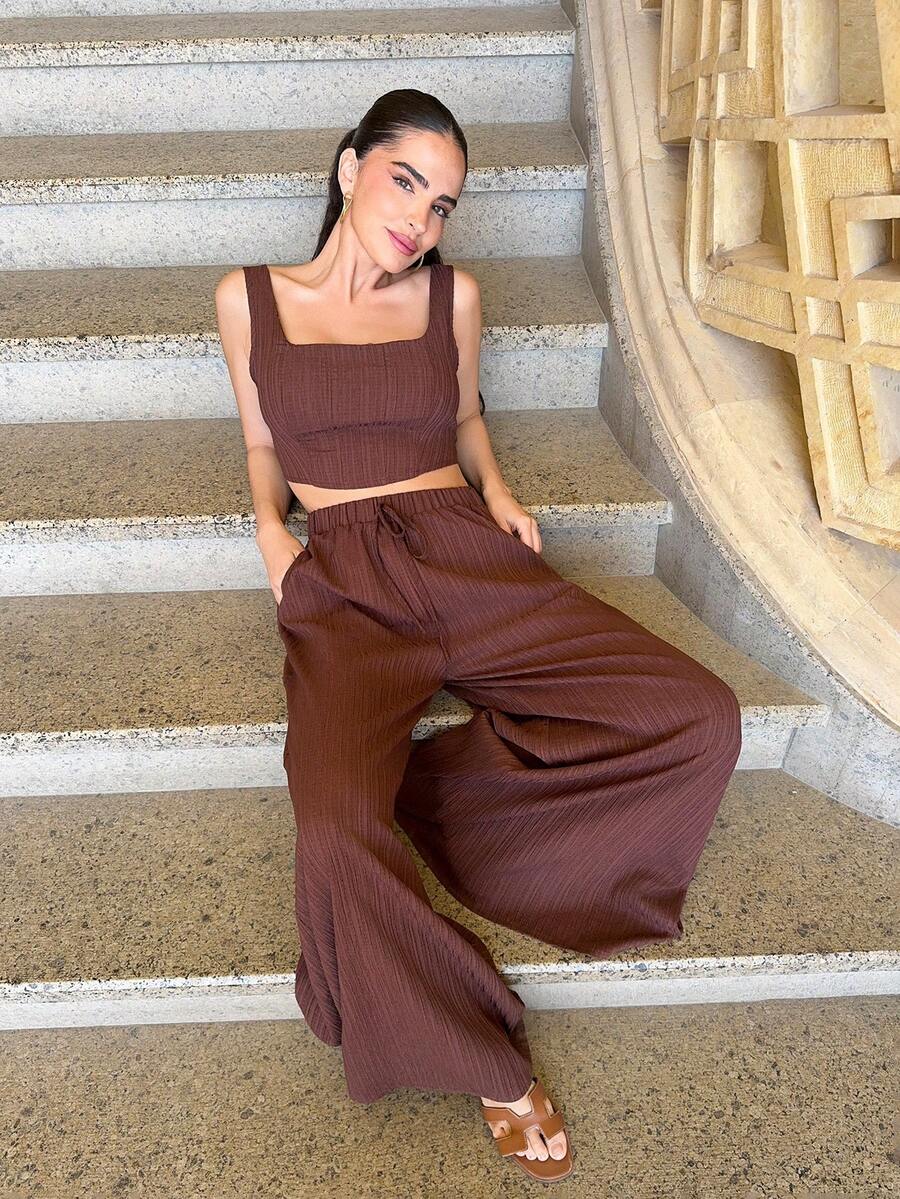 Marta Soriano New Spring/Summer Vacation Casual Fishbone Suspender Pants & Wide Leg Trousers With Pockets 2 Pieces Textured Fabric Set - B Tan Two Piece Set Linen Two Piece Set - Coffee Brown - View 1