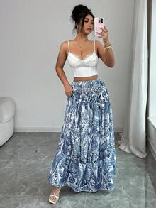 Selianne 女士波西米亚印花半身裙，休闲日常度假款，春夏款 - 藍色 - 查看 6