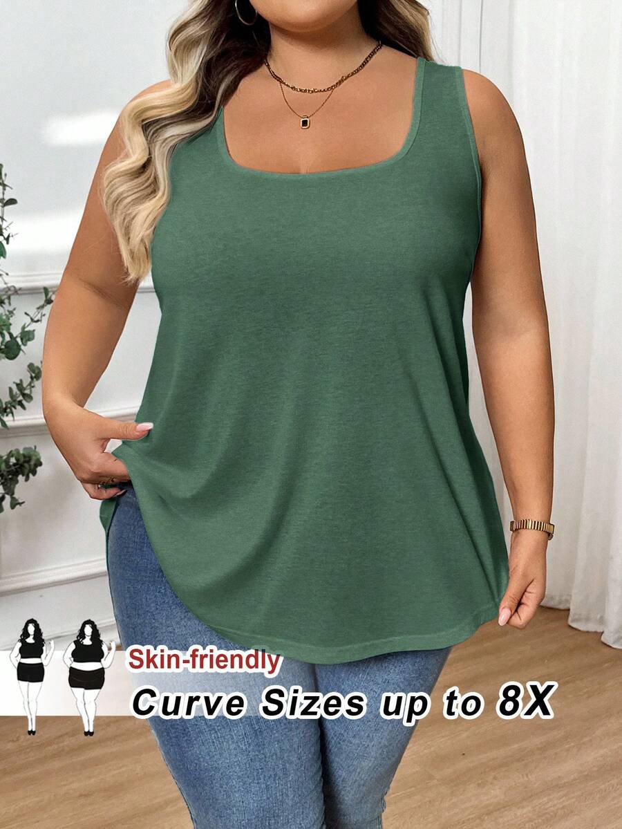 SHEIN CURVE+ 大码女式时尚宽松舒适无袖T恤背心 - 綠色 - 查看 1