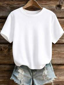 EMERY ROSE Women's Summer New Casual Daily Commute Simple Solid Color Short Sleeve T-Shirt - White - View 1