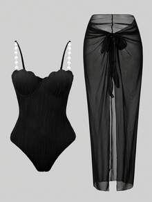 Swim Oasis 2026 Women's Spring/Summer Elegant Romantic Seashell Cup Shaped Swimsuit With Pearl Chain Strap, Bohemian Wave Texture Push-Up Underwire Molded Cup, Wrap-Around Mesh Skirt For Beach Vacation - Black - View 3