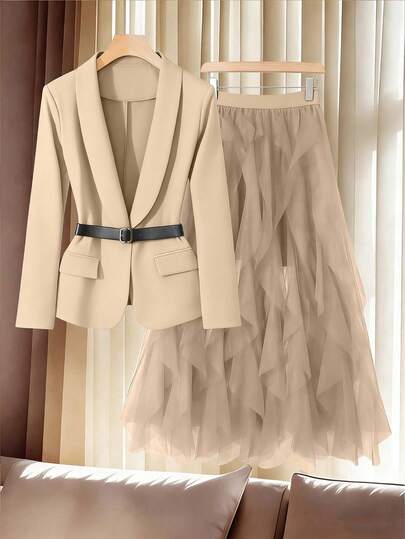 Franclia Plus Size Blazer With Faux Pockets, Waist Belt And Mesh Skirt Set, Suitable For Party, Spring/Autumn Skirt Suit Blazer Set Women Two Piece Set Women Skirt Blazer Skirt Set
