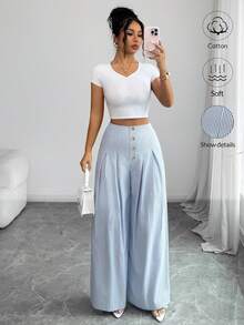 SHEIN Elenzya Women's Elegant Casual Minimalist Commuting Office Daily Vacation High Waist Wide Leg Straight Blue And White Striped Loose Cotton Striped Button Front Pleated Wide Leg Pants, Versatile Summer Trousers - Blue - View 1
