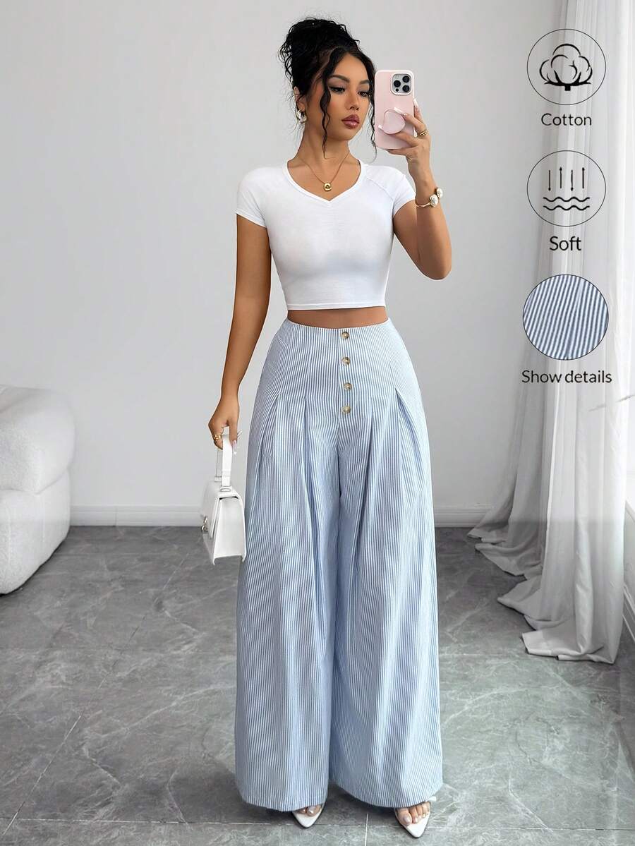 SHEIN Elenzya Women's Elegant Casual Minimalist Commuting Office Daily Vacation High Waist Wide Leg Straight Blue And White Striped Loose Cotton Striped Button Front Pleated Wide Leg Pants, Versatile Summer Trousers - Blue - View 1
