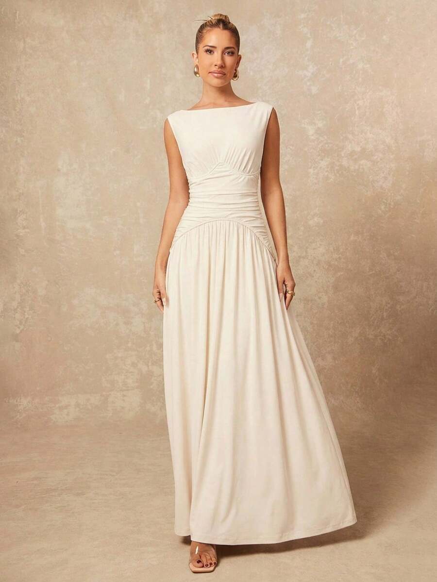 Lumalex 早春船领收腰褶皱连衣裙，蓬松舒适柔软，适合女性度假、生日、婚礼、情人节礼物指南、浪漫情人节装扮、宾客婚礼、情人节礼物指南、浪漫情人节装扮、派对、夏季假日海滩装扮，尽显奢华格调，低调奢华，适合舞会、聚会、宴会、低调优雅、复古富贵、锐舞派对、音乐节等场合，层次丰富，适合长款婚礼、情人节礼物指南、浪漫情人节装扮、宾客礼服、早春连衣裙、象牙色女士连衣裙、优雅长裙、新款高端优雅低调复古闪亮假日派对装扮、锐舞音乐节、郊游、游泳、度假、波西米亚风、海滩、热门户外、层次丰富、婚礼季宴会、成人礼、海滩、海边、褶皱斜肩收腰直筒连衣裙，适合女性穿着。