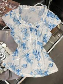SHEIN 女士简约印花荷叶边衬衫 - 藍白色 - 查看 4