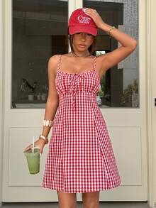 SHEIN Muchic Women's Plaid Print Casual Vacation Sundress, Color-Blocked Striped High-Waisted A-Line Maxi Skirt, Red Sundress, Pink Plaid Dress, French Retro Slimming Square Neck Sundress, Elegant Summer Vacation Dress, Women's Elegant Dress, Holiday Dress, Summer Vacation Outfit.,Summer Dresses For Women - Multicolor - View 6