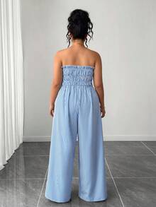 SHEIN Tall CURVE 大码女式条纹扭结抹胸休闲日常连体裤 - 藍白色 - 查看 2