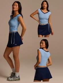 Fluxe Chân váy ngắn nữ in chữ, viền thắt nút, kiểu dáng thường ngày, đa năng. - Màu xanh hải quân - Xem 10