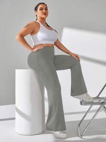 SHEIN Rhythm Era Plus Size Solid Color High Waist Flare Leg Sweatpants - Grey - View 3