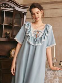 浪漫蕾丝拼接极简宫廷风长袖女式睡裙 - 藍色 - 查看 6