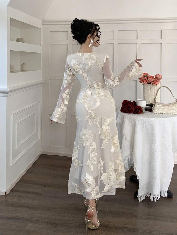 Women's Elegant Floral Print Round Neck Mid-Length Dress, Spring/Summer Wedding Guest Dress Sundress