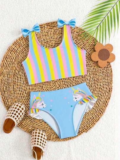 SHEIN 2pcs/Set Young Girls' Bikini Sets, Blue Striped Unicorn Print Bow Decor, Sports, Lively, Cute, Active, Suitable For Swimming, Beach, Pool, Photo Shooting, Gift, Water Park, Spa, Summer Kids Bathing Suits 2 Pieces Kids Swimwears Girls 2 Pieces Toddler Bathing Suit Young Girls Bikini Sets Young Girl 2 Pieces Ruffled Swimwear Set Swimwears For Girls Two Pieces With Ruffles Girls Bikini Sets With Ruffles Unicorn Swimwear Girls Unicorn Bathing Suit Girls Swim Two Pieces Rainbow Two Pieces Girls Beach Sets Unicorn Swimwears Kids Cute Dinosaur Swimwear For Kids