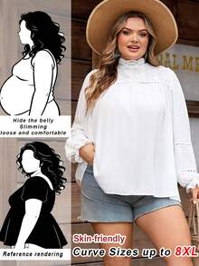 SHEIN CURVE+ Curve Size US22Music Festival, Seaside Vacation, BohemiaWomen's Solid Color Simple Fashion Casual Everyday Shirt,Lace Spliced ​​Turtleneck Long-Sleeved Shirt, White Solid Color Textured Fabric,Spring/Summer, Summer Tops - White - View 1