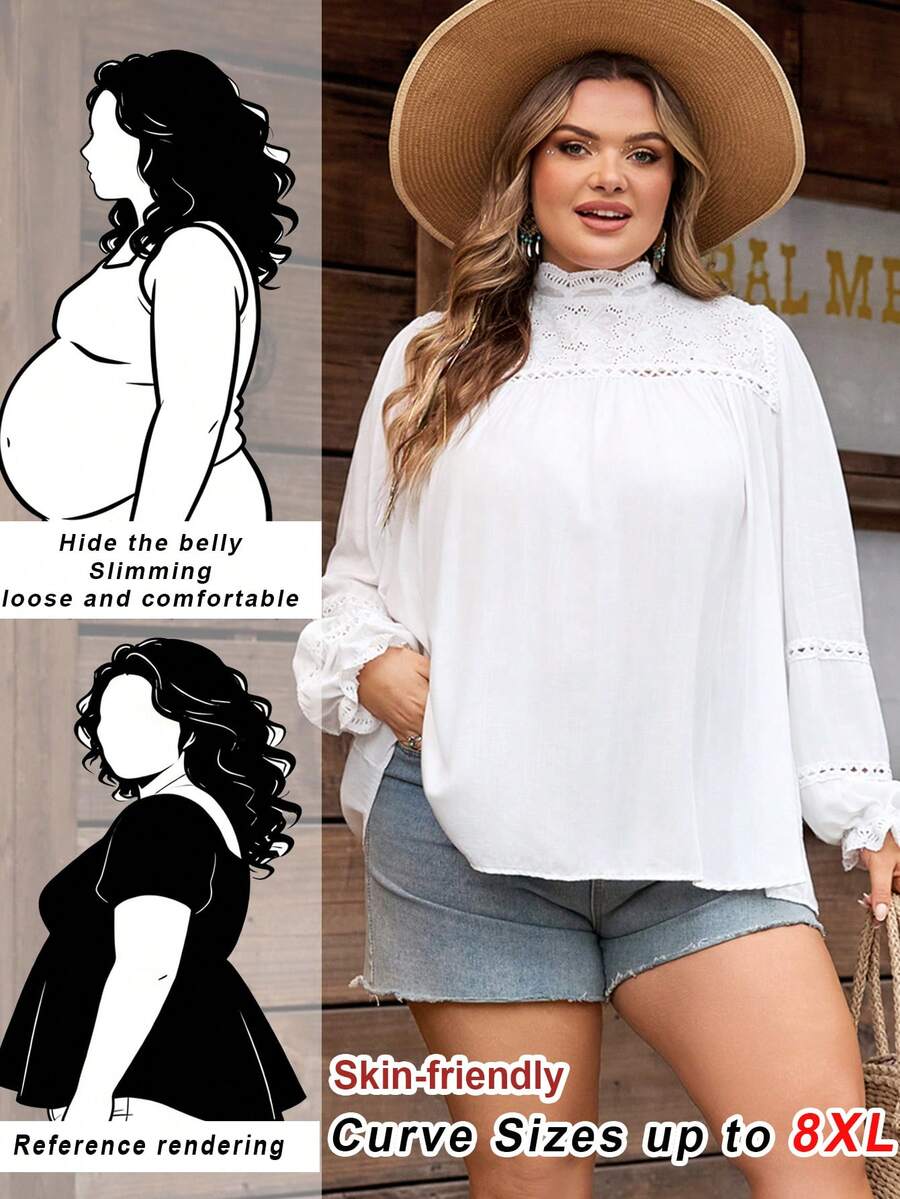 SHEIN CURVE+ Curve Size US22Music Festival, Seaside Vacation, BohemiaWomen's Solid Color Simple Fashion Casual Everyday Shirt,Lace Spliced ​​Turtleneck Long-Sleeved Shirt, White Solid Color Textured Fabric,Spring/Summer, Summer Tops - White - View 1