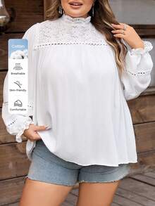 SHEIN CURVE+ Curve Size US22Music Festival, Seaside Vacation, BohemiaWomen's Solid Color Simple Fashion Casual Everyday Shirt,Lace Spliced ​​Turtleneck Long-Sleeved Shirt, White Solid Color Textured Fabric,Spring/Summer, Summer Tops - White - View 9
