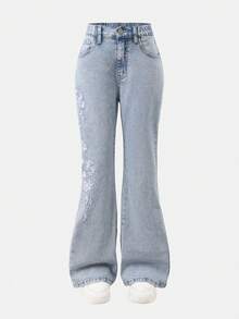 SHEIN Tween Mädchen Jeans 8J-12J mit floraler Stickerei Design Skinny Flare, Slim Fit Seitentaschen, Taillenbund mit Gummizug, weiches Denim Material, geeignet für Stadtbummel, Alltags-Mode, Outfits des Tages, Ausflüge, Partys, 2026 Neuankömmling Tween Mädchen elegante bestickte Flare Jeans - Helle Waschung - Übersicht 1