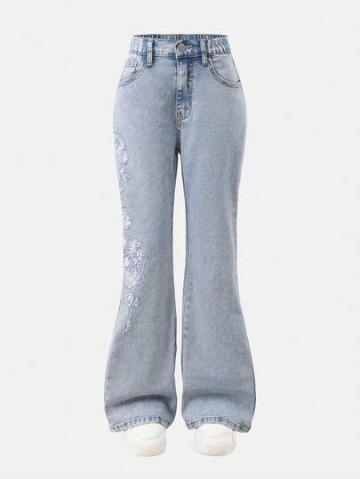 Tween Girls 8Y-12Y Floral Embroidery Design Skinny Flare Jeans, Slim Fit Side Pockets, Waist Elastic, Soft Denim Fabric, Suitable For City Walk, Daily Fashion, OOTD, Outings, Parties, 2026 New Arrival Girls Elegant Embroidered Flare Jeans