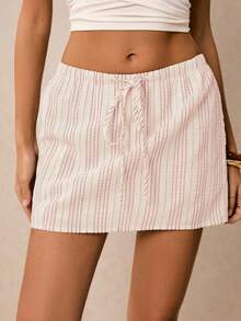 Poéselle 女士休闲条纹抽绳腰短裙，夏季 - 紅色 - 查看 4