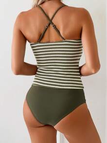 Swim Lushoire Women's Summer Vacation Casual Beach Outfit Green Striped Bikini 2-Piece Set, Adjustable Strap Vest & Swimsuit - Multicolor - View 2