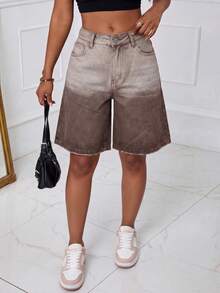 SHEIN ICON Quần short denim ống rộng dáng rộng, kiểu dáng thường ngày, màu ombre, dành cho nữ, thích hợp mặc mùa hè. - màu nâu - Xem 5