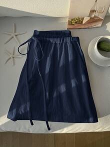 Comfortcana Plus Size Casual Loose Drawstring Solid Color Comfortable Shorts, Spring/Summer - Navy Blue - View 7