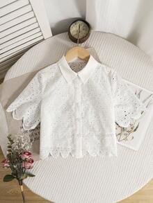 SHEIN Tween Girl Casual Embroidered Fabric Short Sleeve Shirt With Collar Tween Girl - White - View 5