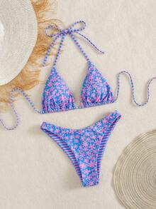 Swim Mod 2026春夏新款印花性感露背挂脖系带比基尼两件套泳衣 - 彩色 - 查看 4