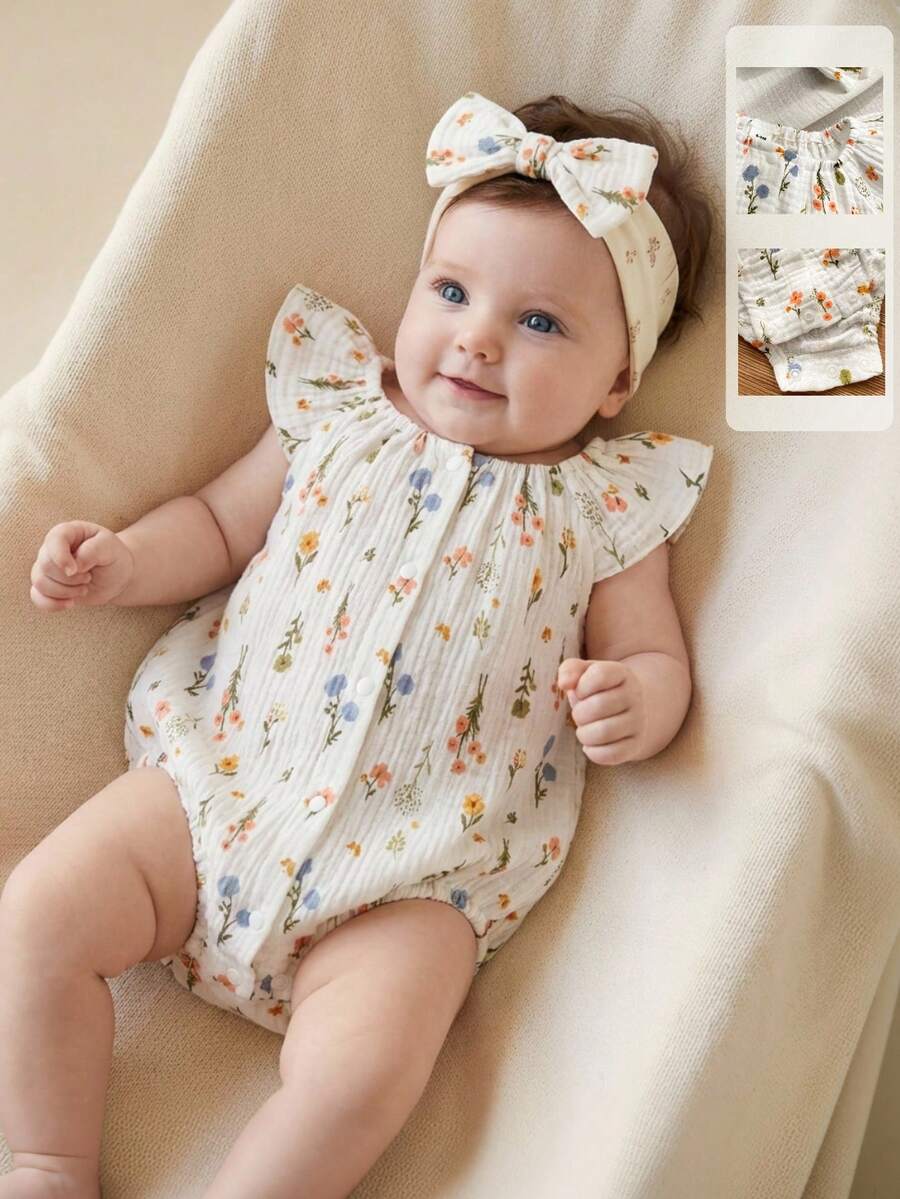 SHEIN Bộ áo liền quần cotton tay bồng cổ tròn dễ thương in họa tiết hoa và cỏ cho bé gái sơ sinh, có cúc bấm và băng đô, thích hợp cho các hoạt động mùa hè, cuối tuần ở công viên hoặc dã ngoại. - Nhiều màu - Xem 1