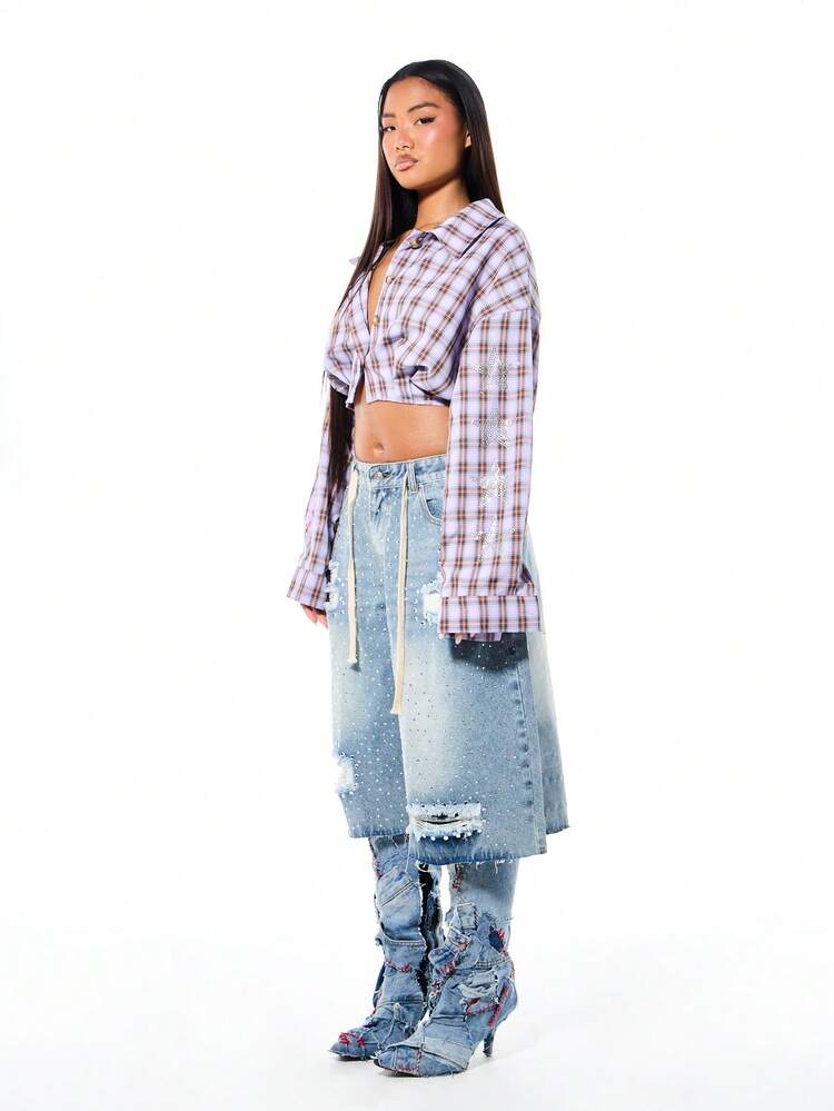SUMWON WOMEN Oversized Cropped Check Plaid Shirt With Rhinestone Star Details And Long Sleeves For Fall Winter Casual Wear