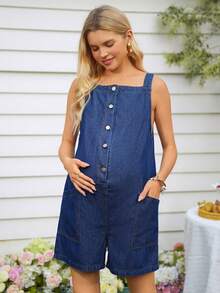 SHEIN 孕妇休闲深色水洗牛仔连体裤 - 深色水洗藍 - 查看 4