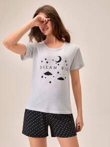 Women Cotton 2pcs Grey Contrast Colour Lettered Moon Cloud Printed Round Neck Short Sleeved Shirt & Contrast Colour Heart Patterned Shorts Homewear Comfort Casual Pajama Set - Multicolor - View 4