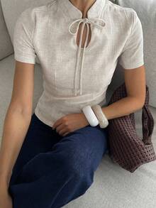 Siren Gaze 女士棉麻短袖衬衫，春夏新品 - 杏色 - 查看 7