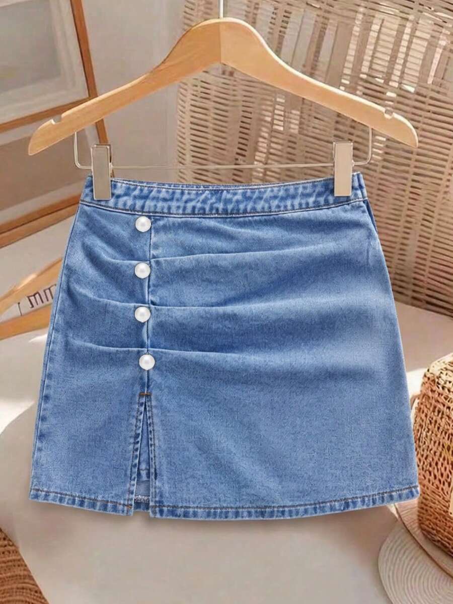 GlowEve Women's Pleated Button Design Casual Denim Mini Skirt - Blue - View 1