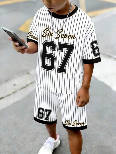 男童休闲创意印花67条纹字母印花短袖T恤和短裤套装（2件套），舒适百搭，适合春、夏、秋季日常穿着。