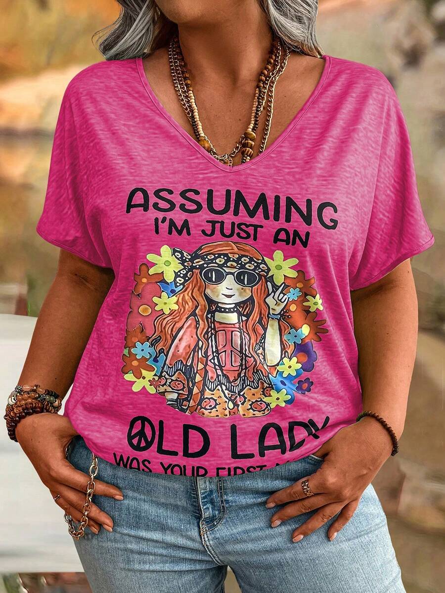 EMERY ROSE 大码时尚女童休闲V领T恤，黄色花朵图案，“以为我只是个老太太是你的第一个错误”图案T恤 女式上衣 - 彩色 - 查看 1