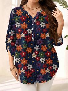 EMERY ROSE Plus Size Women Floral Print Single-Breasted Casual Versatile Daily Wear Shirt - Multicolor - View 4