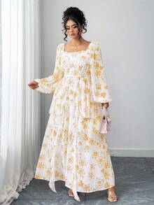 Elenzga Đầm thanh lịch tay phồng họa tiết hoa dành cho nữ cỡ lớn, xếp tầng, có bèo nhún. - Màu vàng - Xem 6