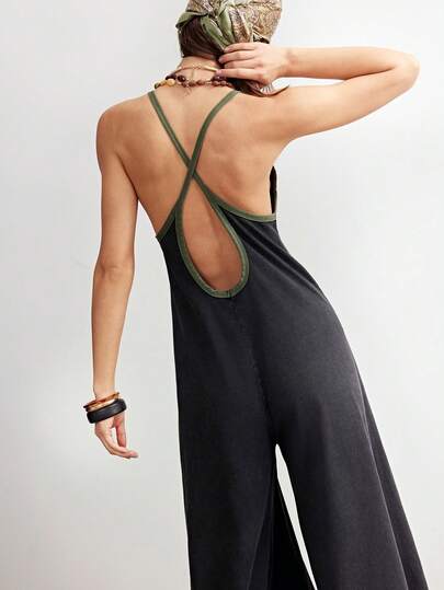 Bohemela Women's Casual Solid Color Knit Wide Leg Jumpsuit